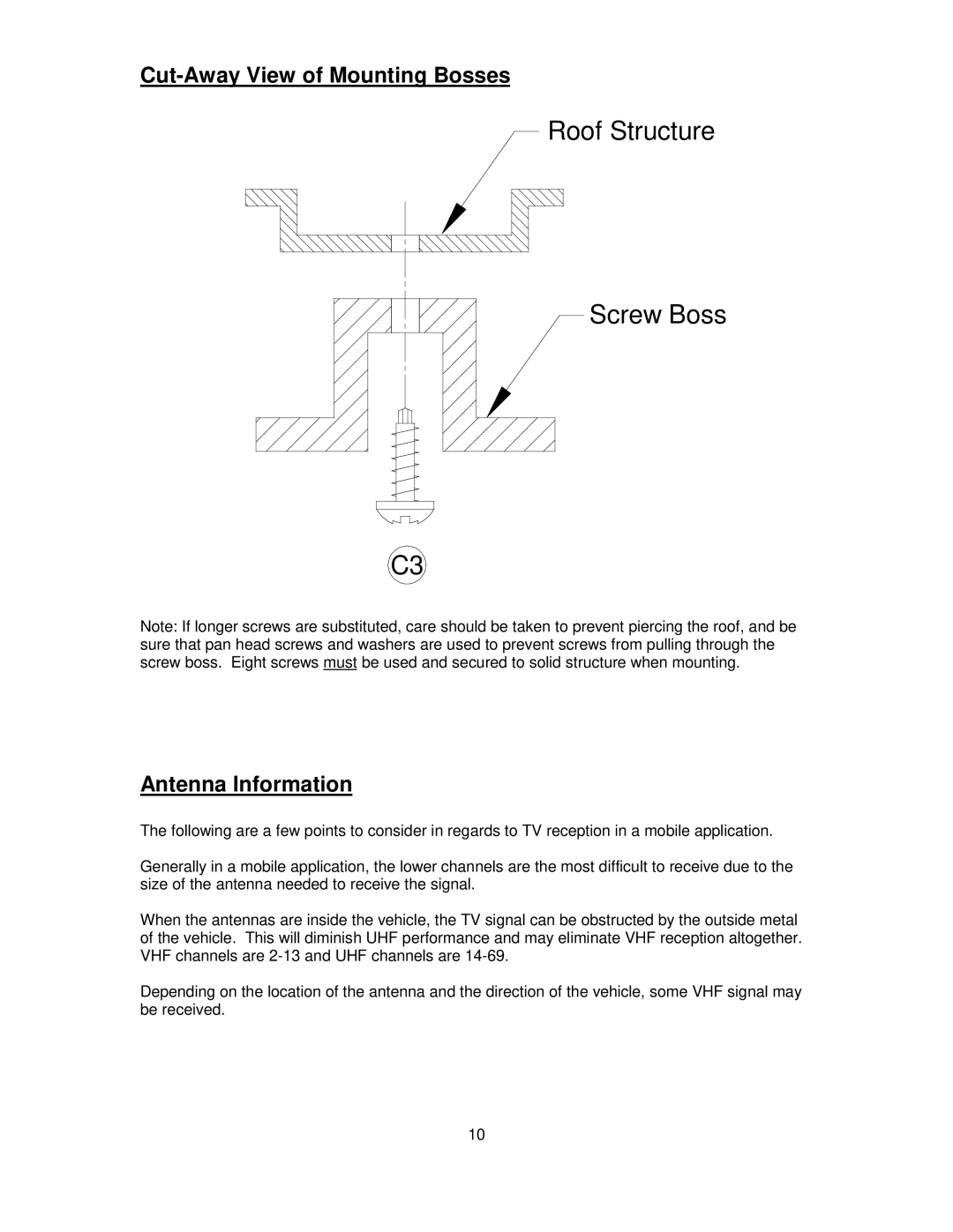 Audiovox VOH1332 installation manual Cut-Away View of Mounting Bosses, Antenna Information 