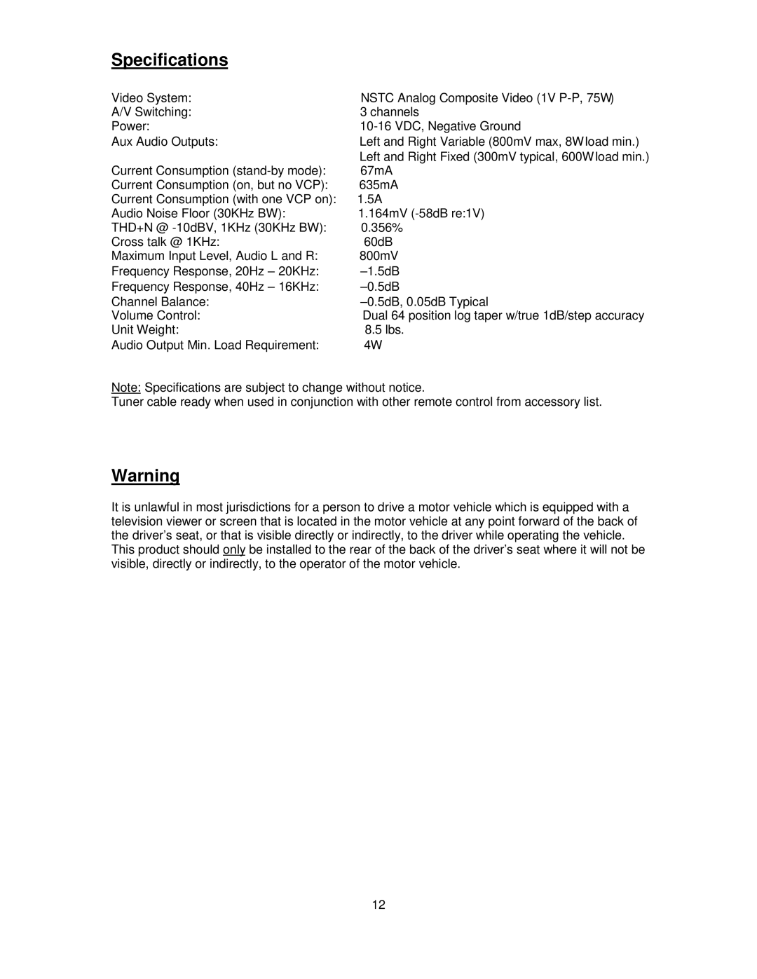 Audiovox VOH1332 installation manual Specifications 