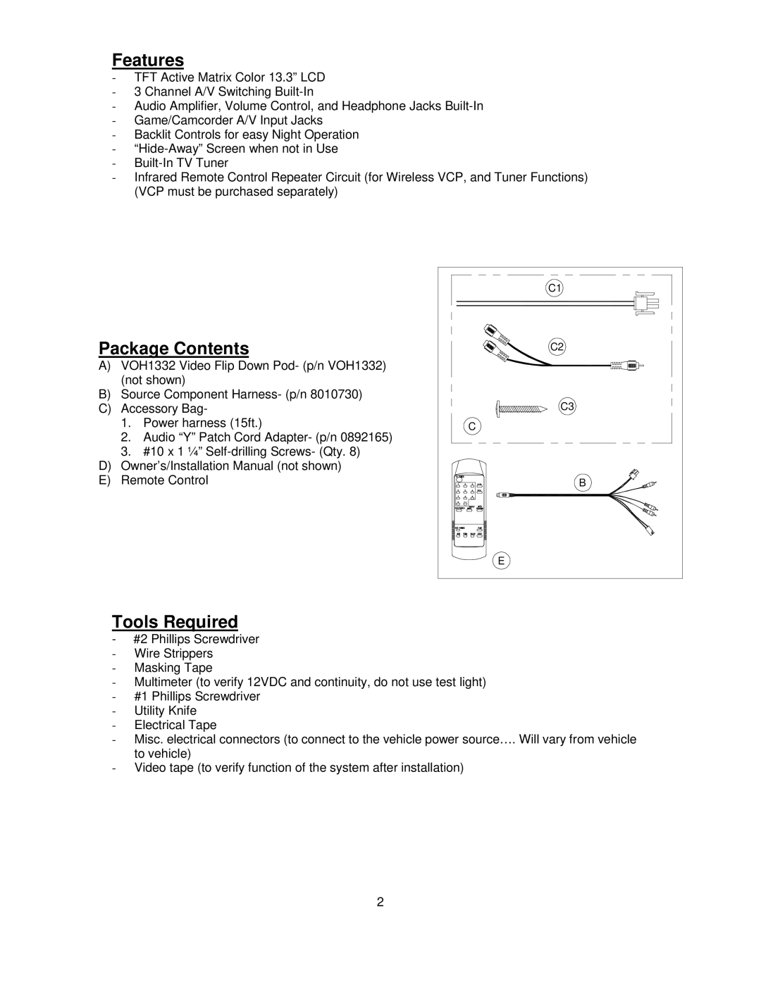 Audiovox VOH1332 installation manual Features, Package Contents, Tools Required 