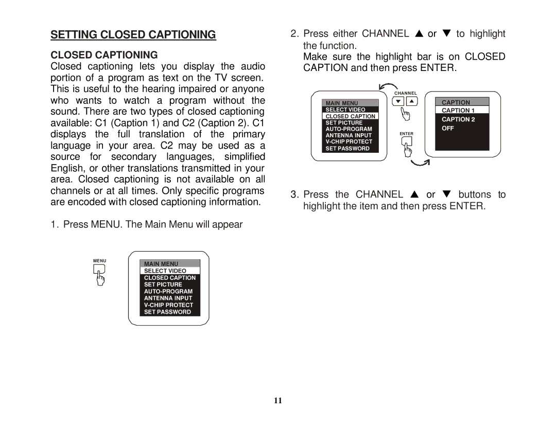 Audiovox VOH1502 manual Setting Closed Captioning 