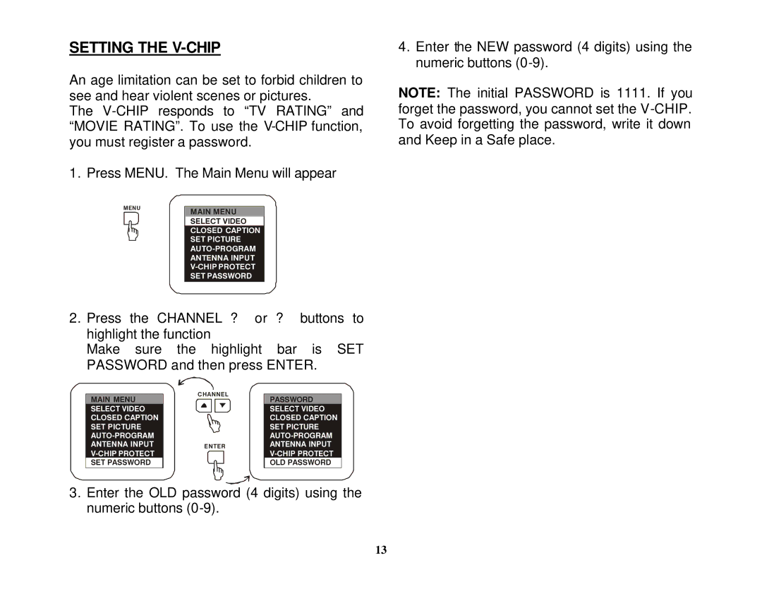 Audiovox VOH1502 manual Setting the V-CHIP 