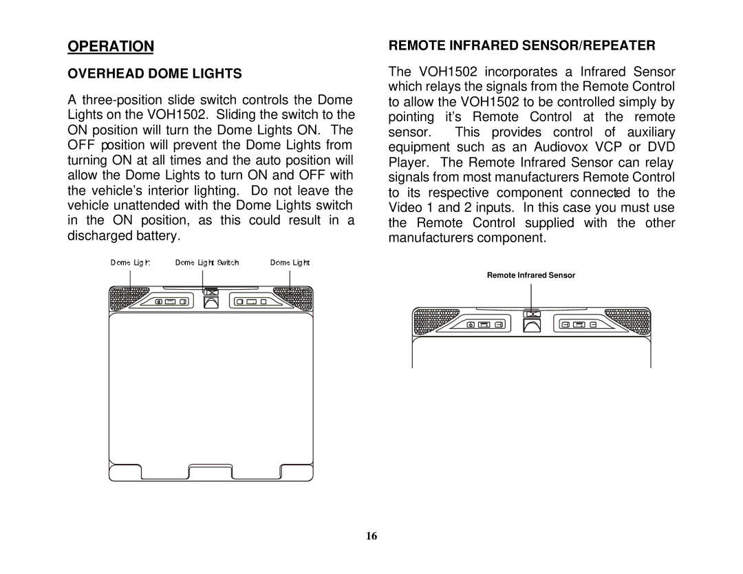 Audiovox VOH1502 manual Operation, Overhead Dome Lights, Remote Infrared SENSOR/REPEATER 