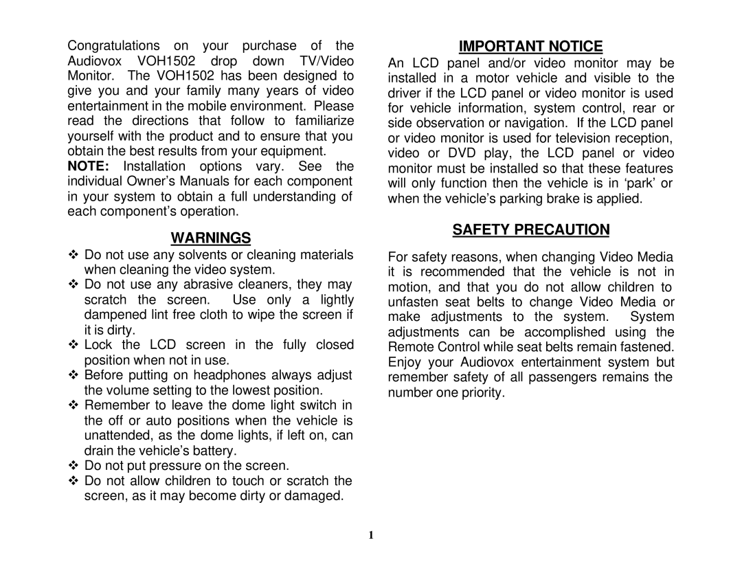 Audiovox VOH1502 manual Important Notice, Safety Precaution 