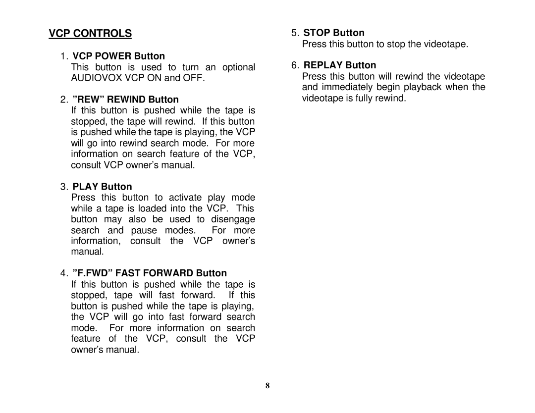 Audiovox VOH1502 manual VCP Controls, VCP Power Button, Replay Button 