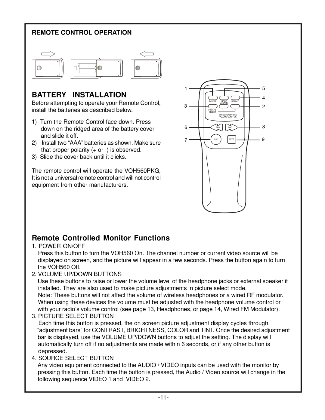 Audiovox VOH560PKG operation manual Battery Installation, Remote Controlled Monitor Functions 