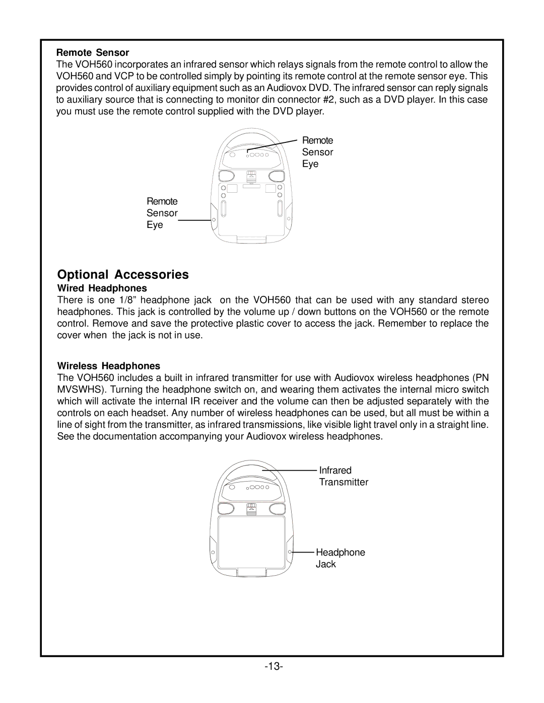 Audiovox VOH560PKG operation manual Optional Accessories, Remote Sensor, Wired Headphones, Wireless Headphones 