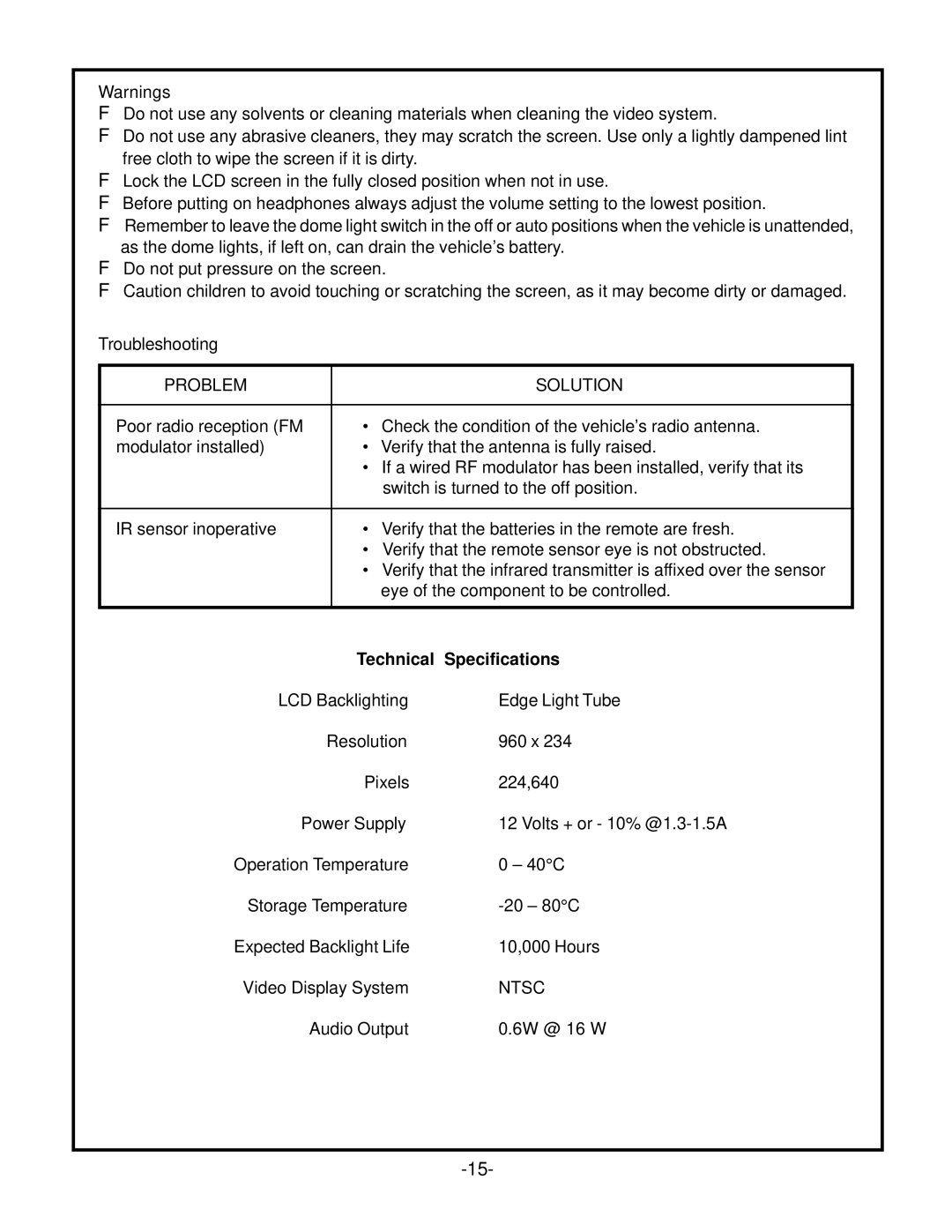 Audiovox VOH560PKG operation manual Problem Solution, Technical Specifications 