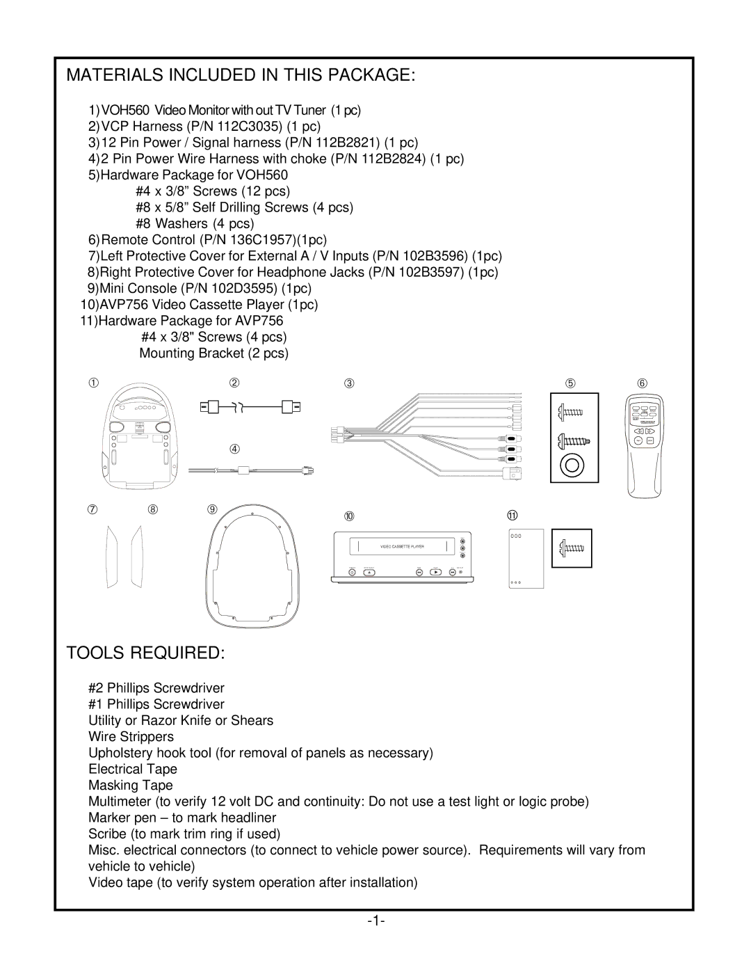 Audiovox VOH560PKG operation manual Materials Included in this Package, Tools Required 