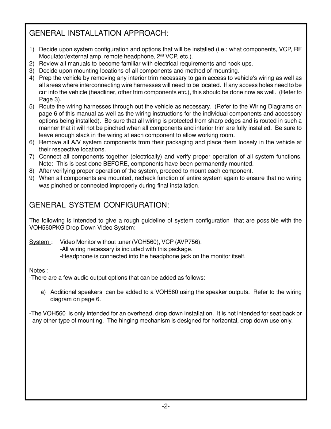 Audiovox VOH560PKG operation manual General Installation Approach, General System Configuration 