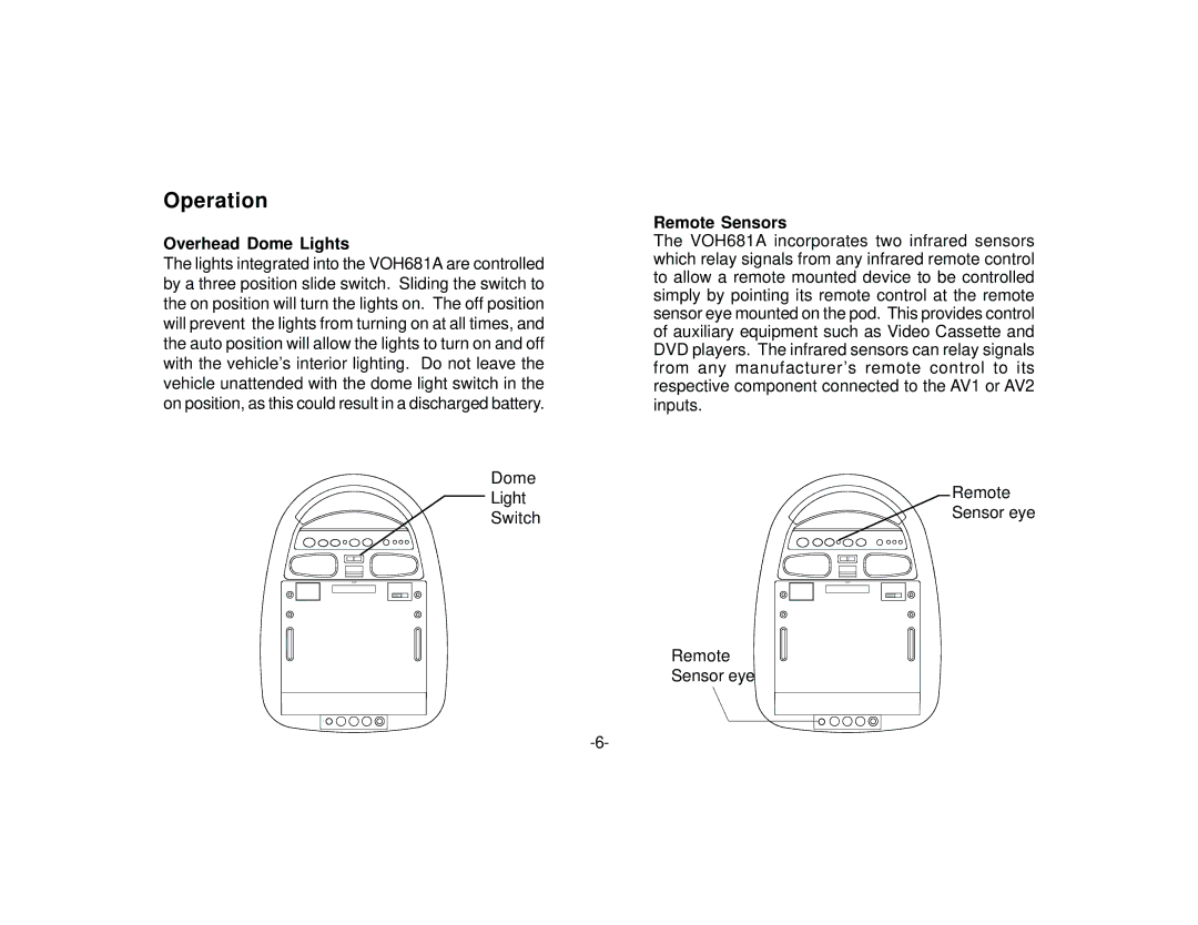 Audiovox VOH681A manual Operation, Overhead Dome Lights, Remote Sensors 