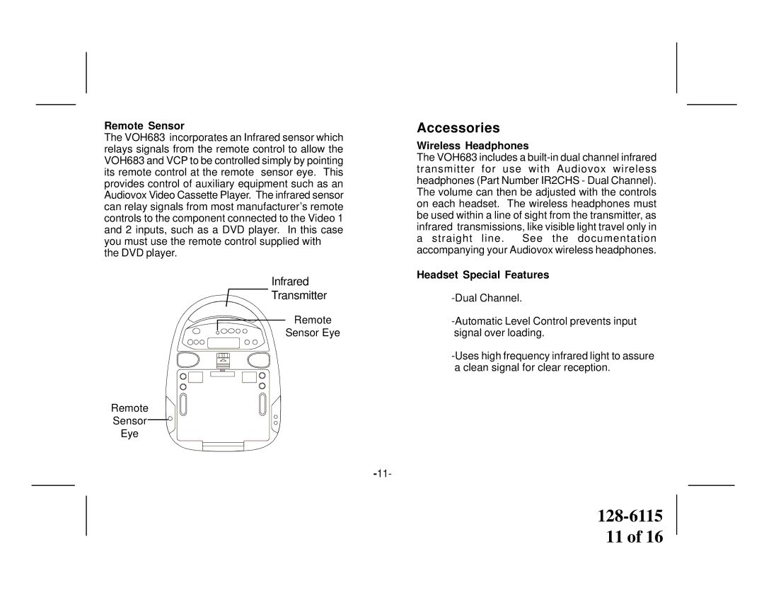 Audiovox VOH683 owner manual Accessories, Remote Sensor, Wireless Headphones, Headset Special Features 