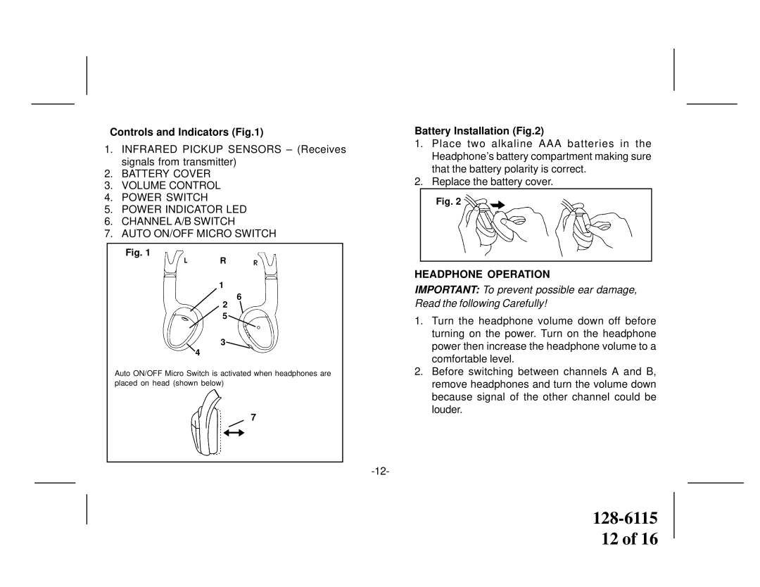 Audiovox VOH683 owner manual Controls and Indicators, Battery Installation, Headphone Operation 