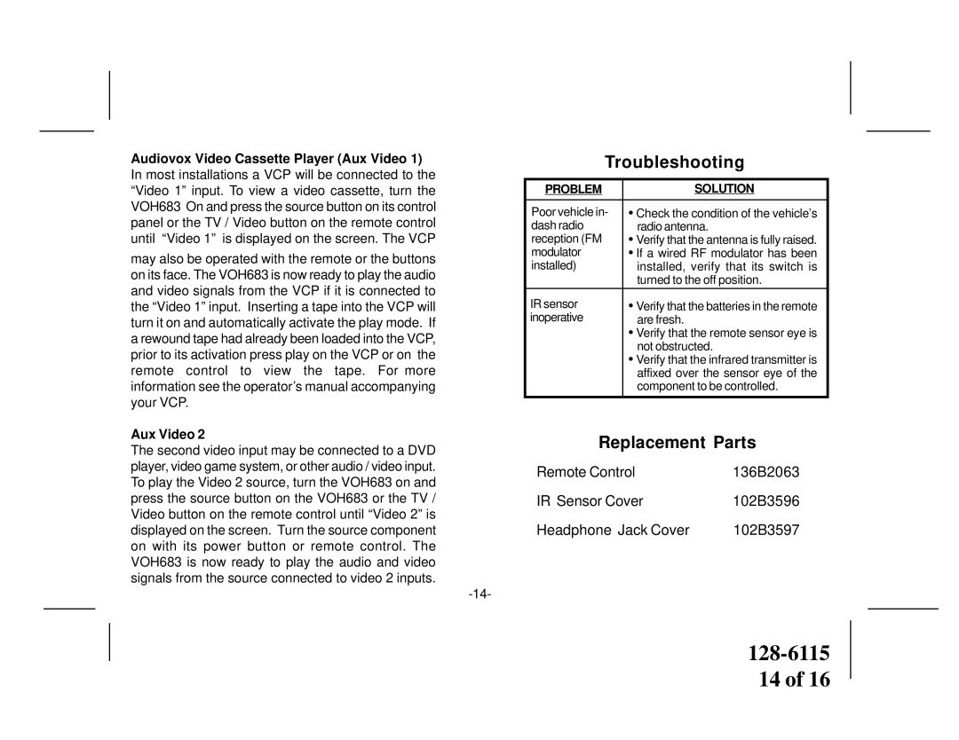 Audiovox VOH683 owner manual Troubleshooting, Replacement Parts, Audiovox Video Cassette Player Aux Video 