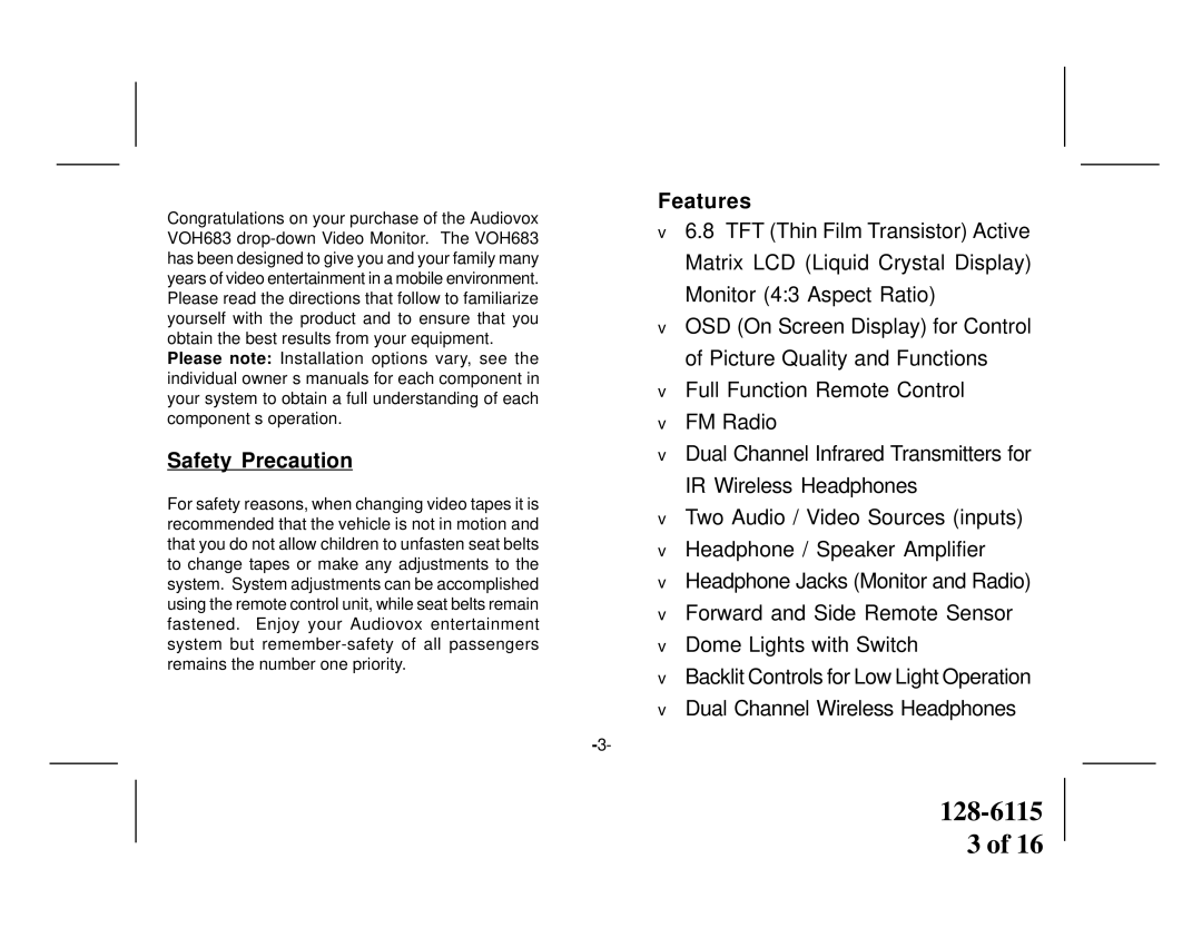 Audiovox VOH683 owner manual Safety Precaution, Features 