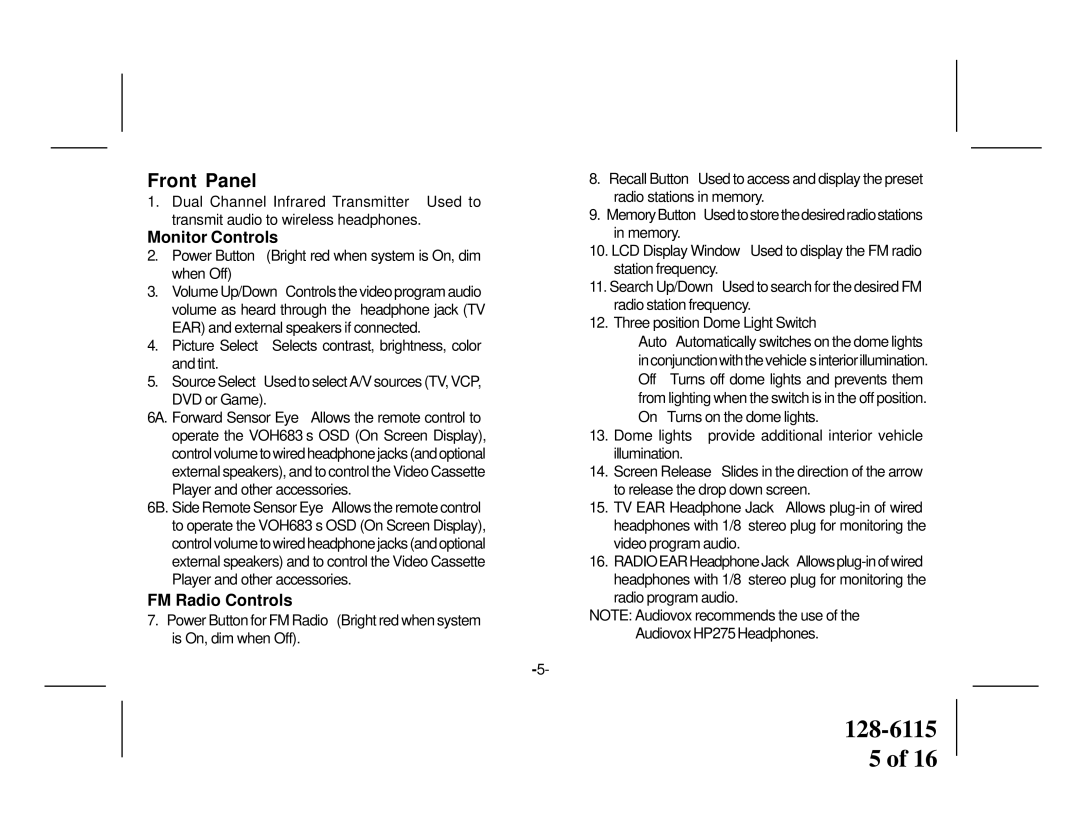 Audiovox VOH683 owner manual Front Panel, Monitor Controls 