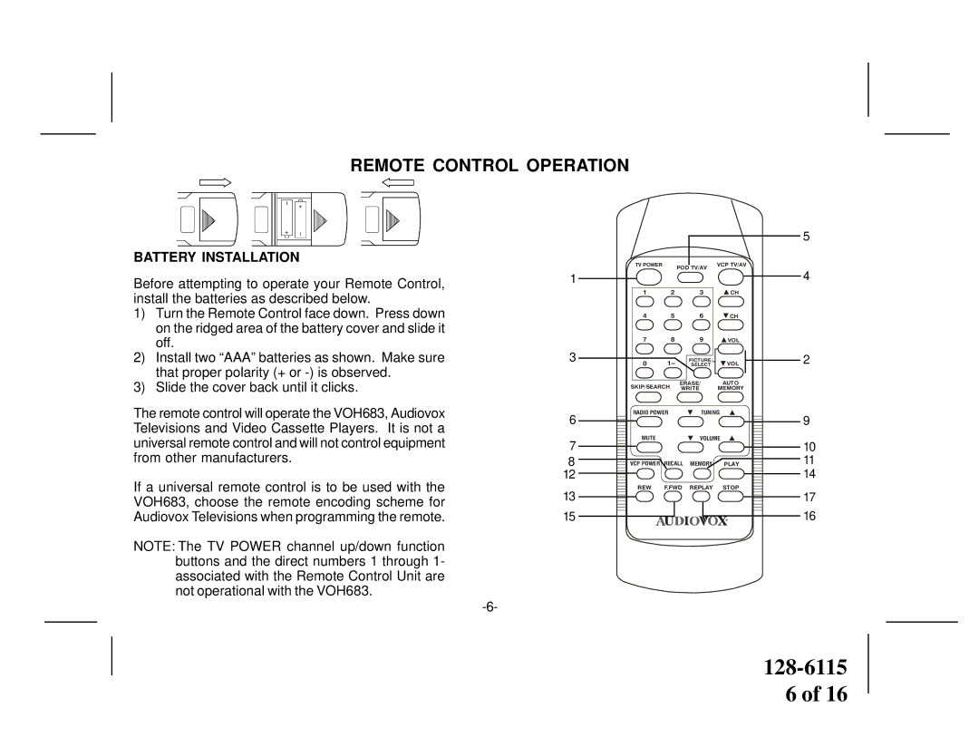 Audiovox VOH683 owner manual Remote Control Operation, Battery Installation 