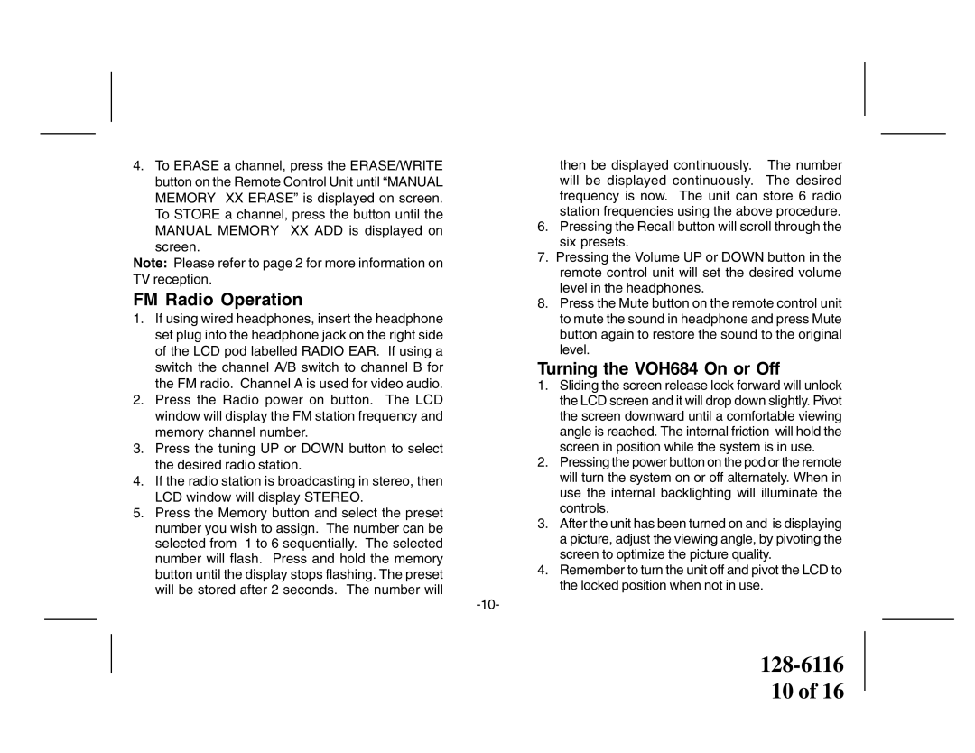 Audiovox owner manual FM Radio Operation, Turning the VOH684 On or Off 