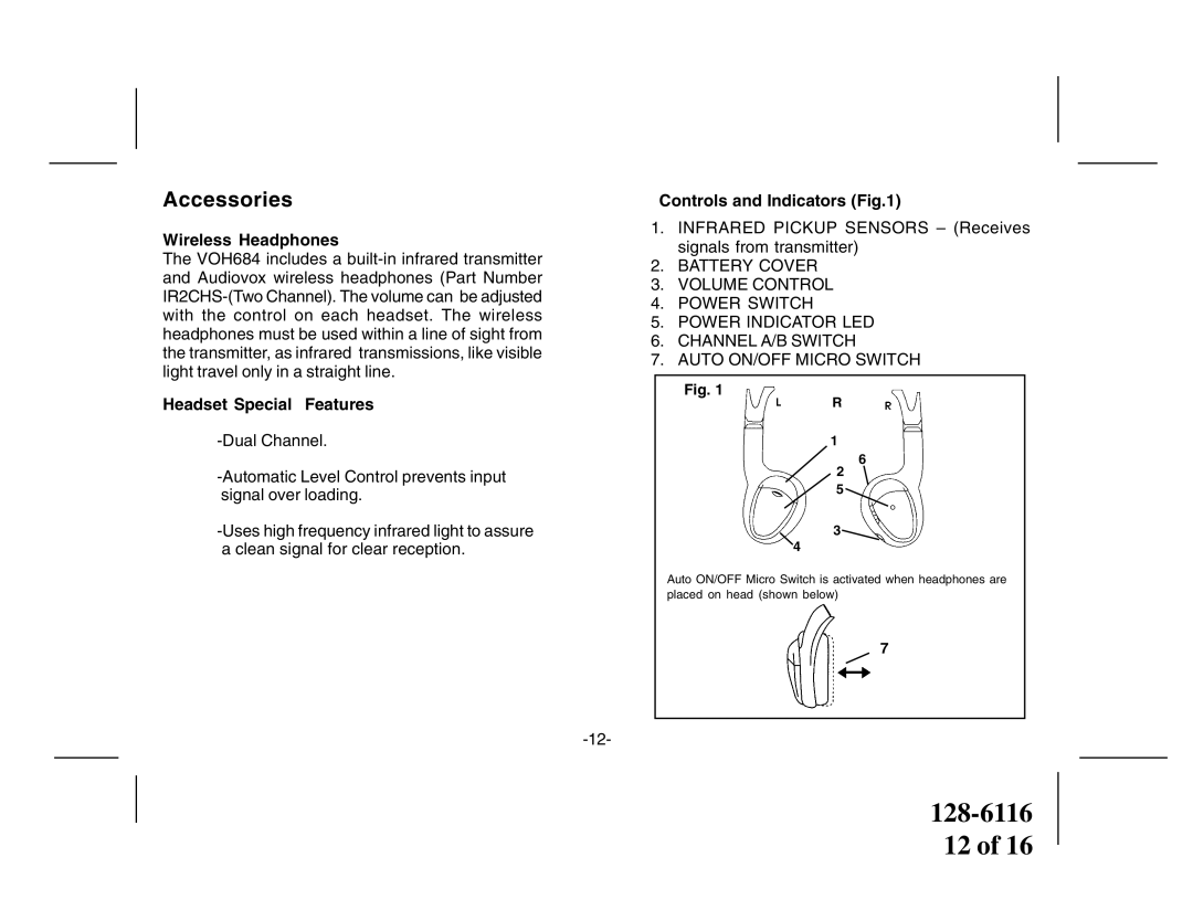 Audiovox VOH684 owner manual Accessories, Wireless Headphones, Headset Special Features, Controls and Indicators 