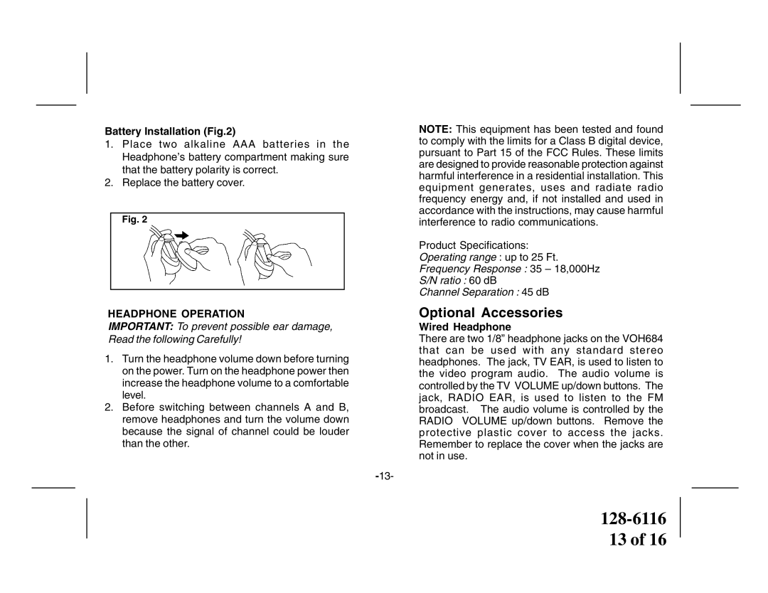 Audiovox VOH684 owner manual Optional Accessories, Battery Installation, Wired Headphone 