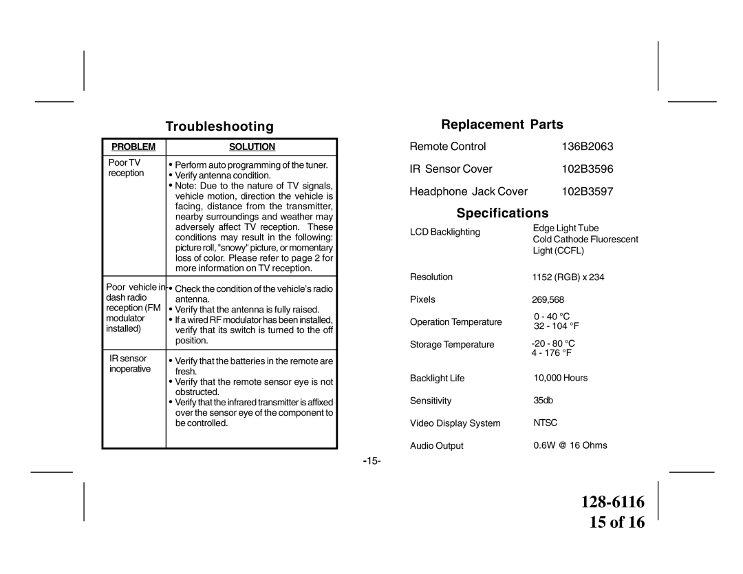 Audiovox VOH684 owner manual Replacement Parts, Specifications 