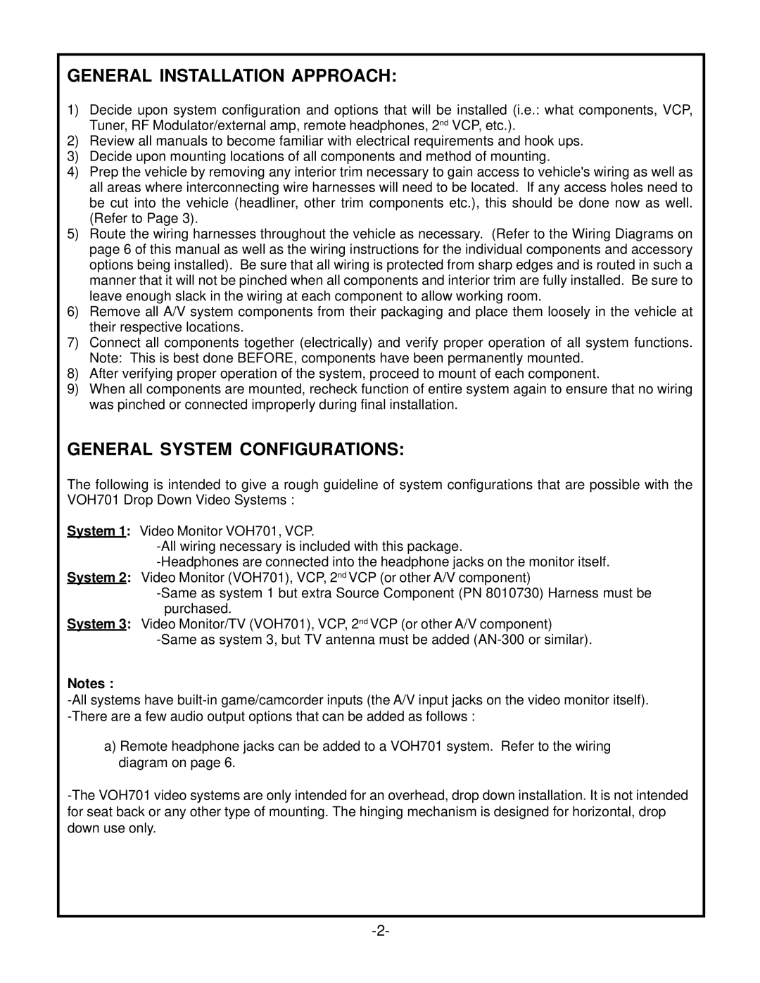 Audiovox VOH701 manual General Installation Approach, General System Configurations 