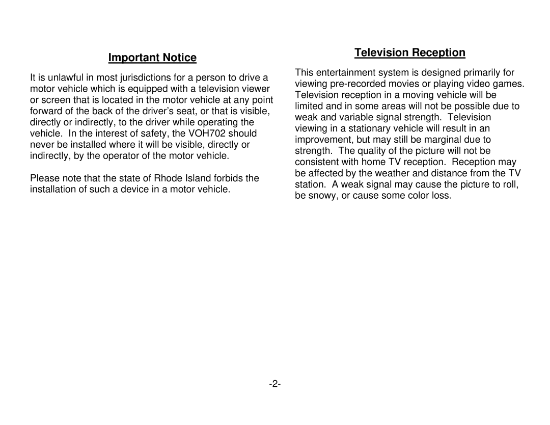 Audiovox VOH702 manual Important Notice, Television Reception 