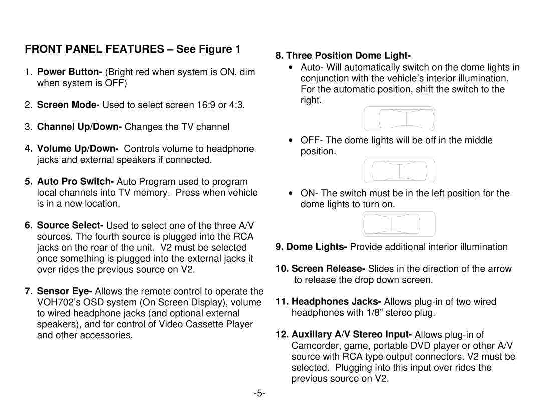 Audiovox VOH702 manual Front Panel Features See Figure, Three Position Dome Light 