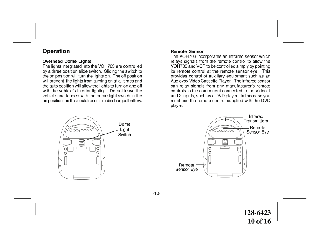 Audiovox VOH703 manual 128-6423 10 of, Operation, Overhead Dome Lights, Remote Sensor 