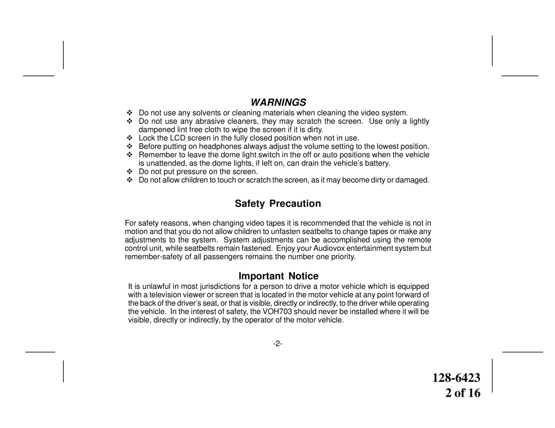 Audiovox VOH703 manual 128-6423 2 of, Safety Precaution, Important Notice, Warnings 