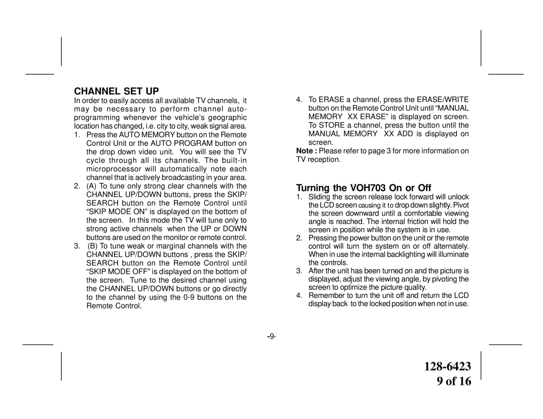 Audiovox manual 128-6423 9 of, Channel Set Up, Turning the VOH703 On or Off 