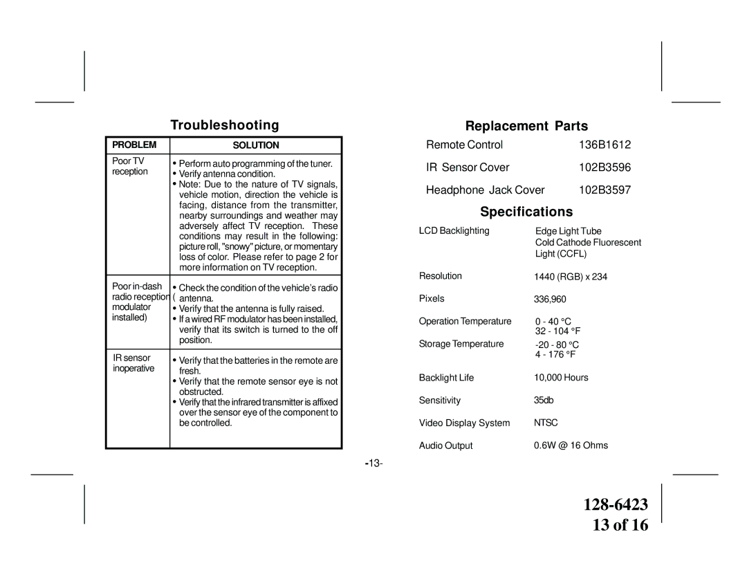 Audiovox VOH703 manual Replacement Parts, Specifications 