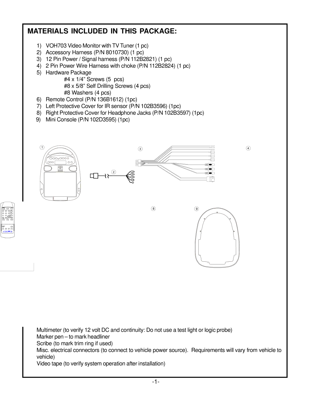 Audiovox VOH703 owner manual Materials Included in this Package, Tools Required 