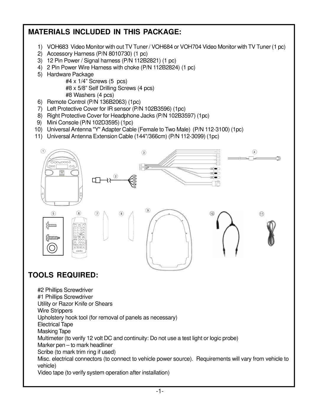 Audiovox VOH704, VOH684, VOH683 owner manual Materials Included in this Package, Tools Required 