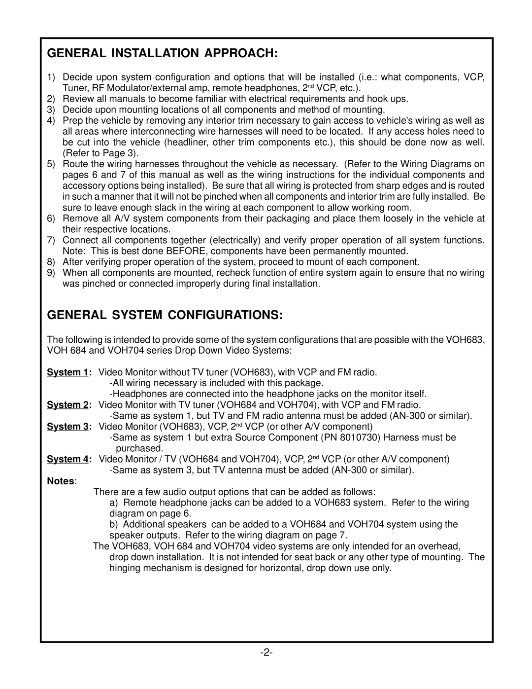 Audiovox VOH684, VOH704, VOH683 owner manual General Installation Approach, General System Configurations 