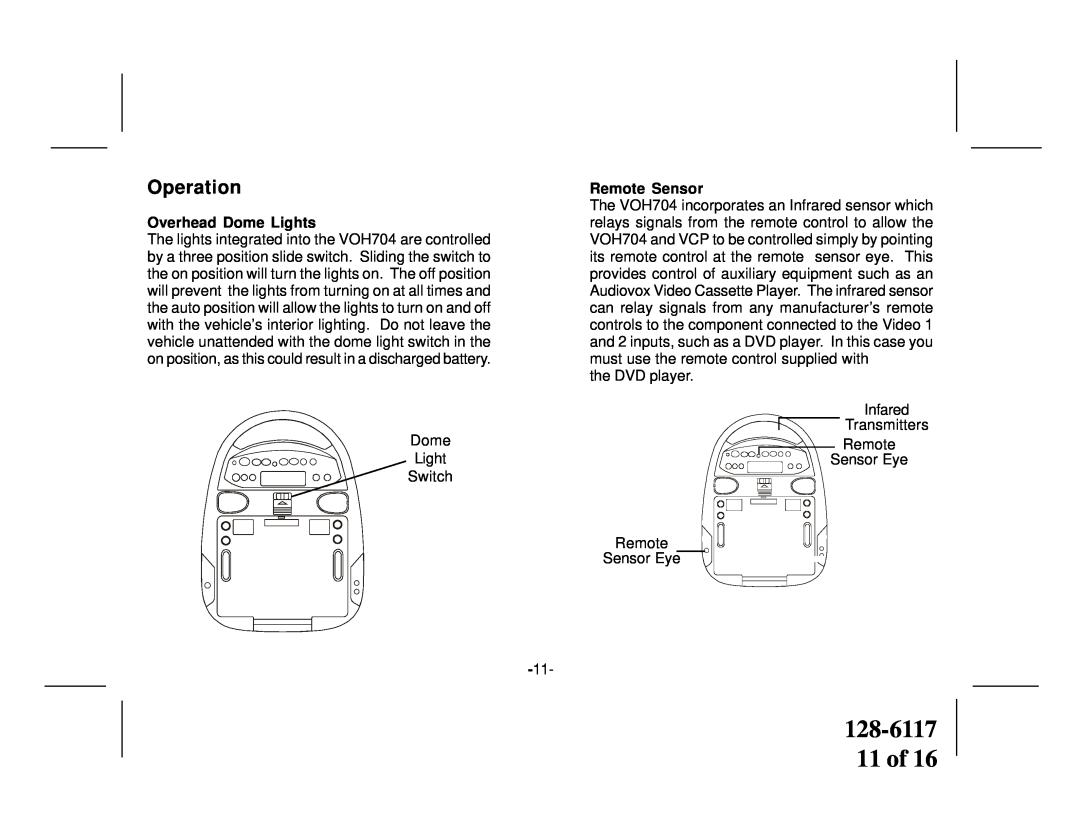 Audiovox VOH704 owner manual 128-6117 11 of, Operation, Overhead Dome Lights, Remote Sensor 
