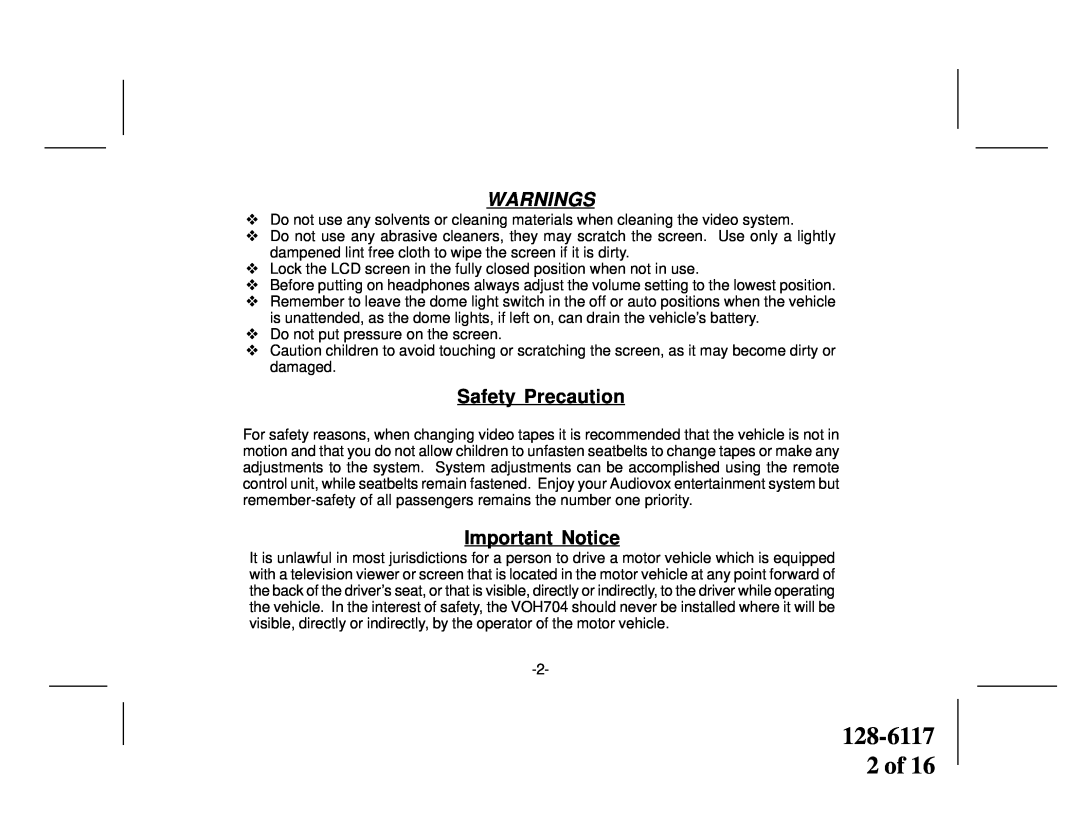 Audiovox VOH704 owner manual 128-6117 2 of, Safety Precaution, Important Notice, Warnings 
