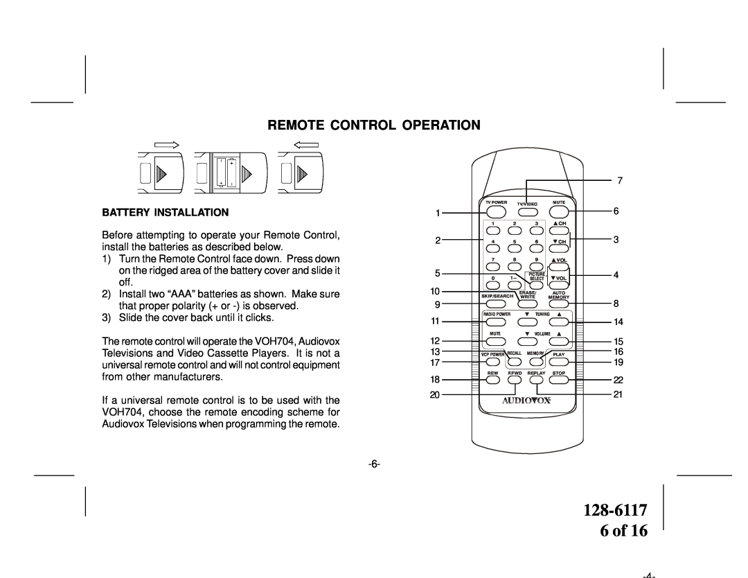 Audiovox VOH704 owner manual 128-6117 6 of, Remote Control Operation, Battery Installation 