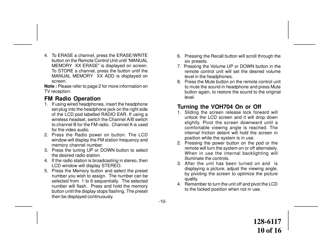 Audiovox owner manual FM Radio Operation, Turning the VOH704 On or Off 