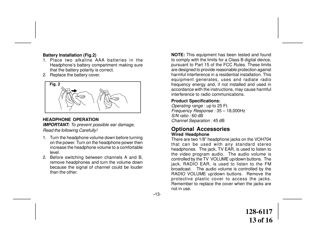 Audiovox VOH704 owner manual Optional Accessories, Battery Installation, Product Specifications, Wired Headphone 