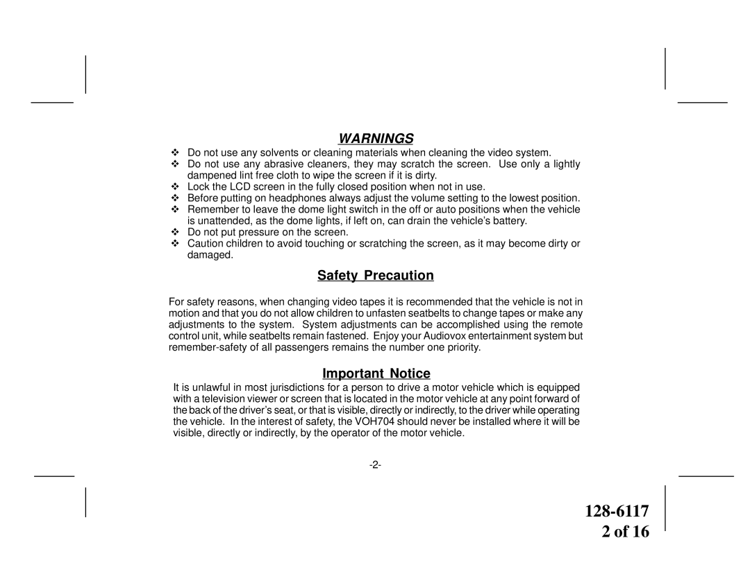 Audiovox VOH704 owner manual Safety Precaution, Important Notice 