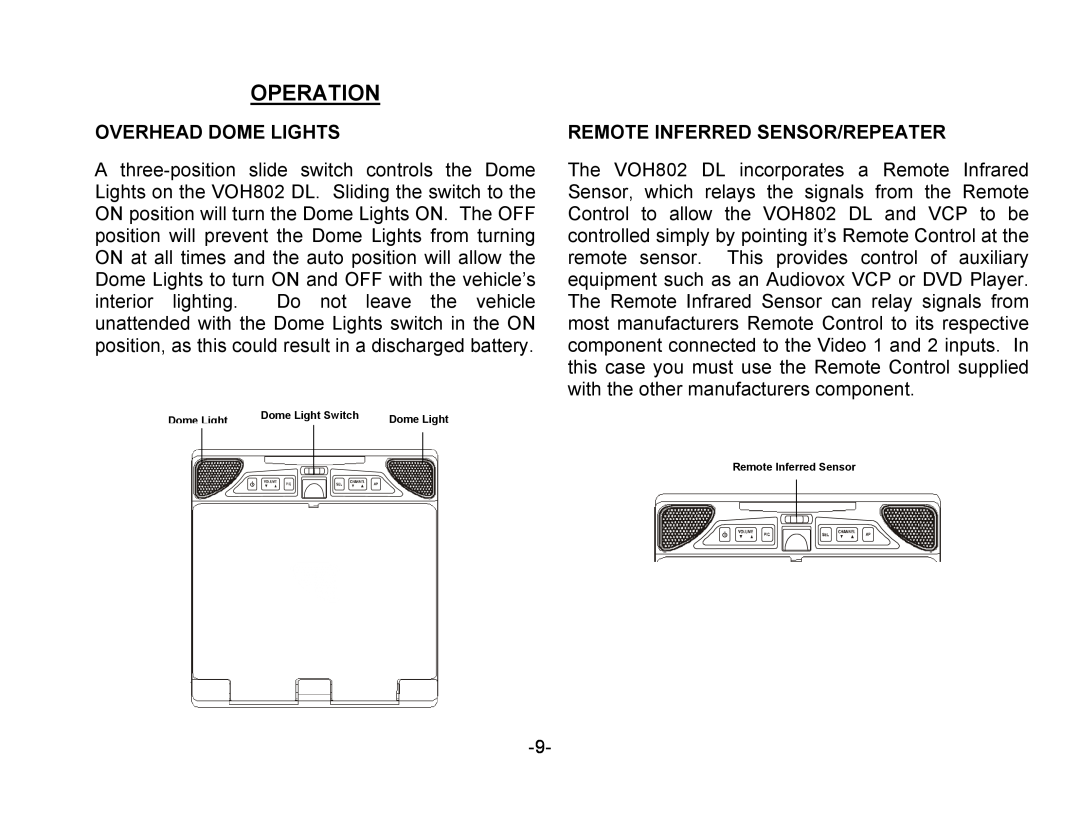 Audiovox VOH802 owner manual Operation, Overhead Dome Lights, Remote Inferred Sensor/Repeater 