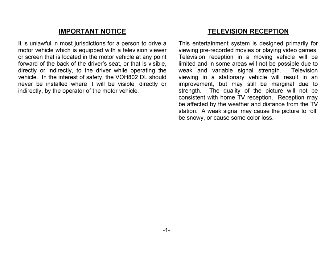 Audiovox VOH802 owner manual Important Notice, Television Reception 