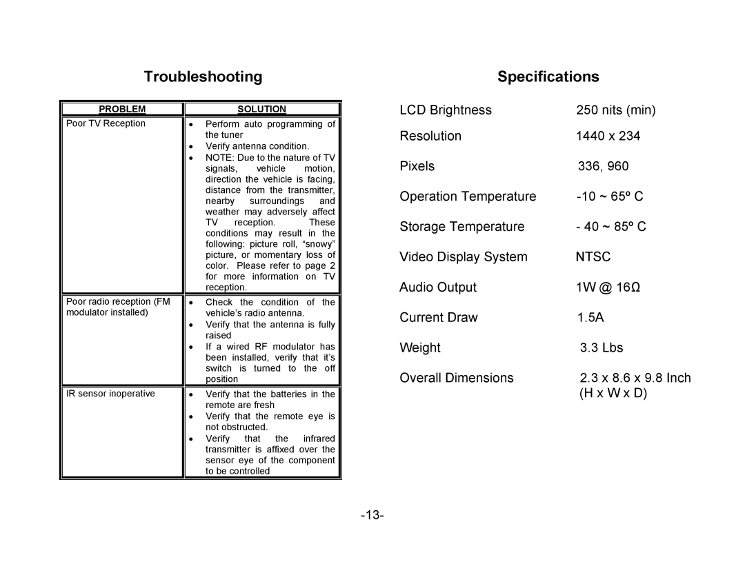 Audiovox VOH802 owner manual Troubleshooting Specifications 