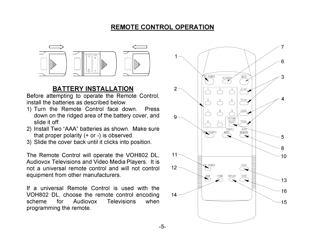 Audiovox VOH802 owner manual Remote Control Operation Battery Installation 