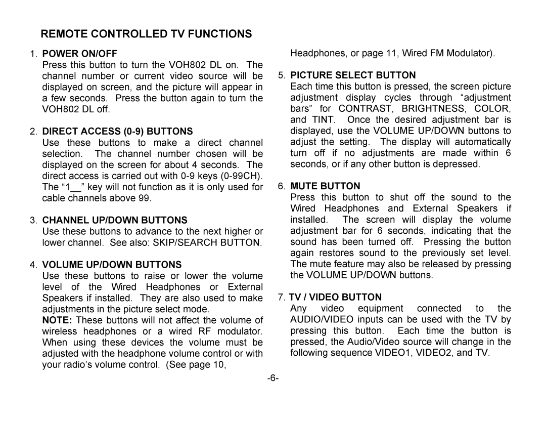 Audiovox VOH802 owner manual Remote Controlled TV Functions 