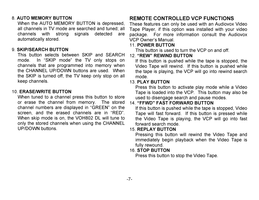 Audiovox VOH802 owner manual Remote Controlled VCP Functions 