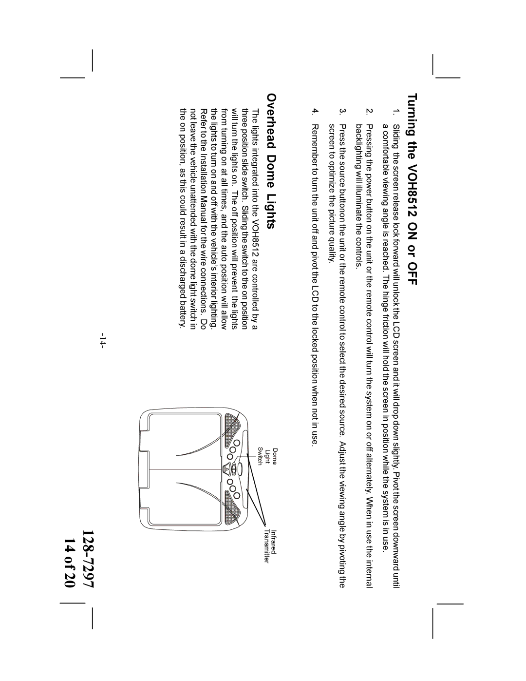 Audiovox manual Turning the VOH8512 on or OFF, Overhead Dome Lights 