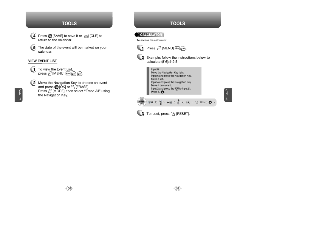 Audiovox VOX 8610 manual View Event List, To reset, press Reset, Calculator 