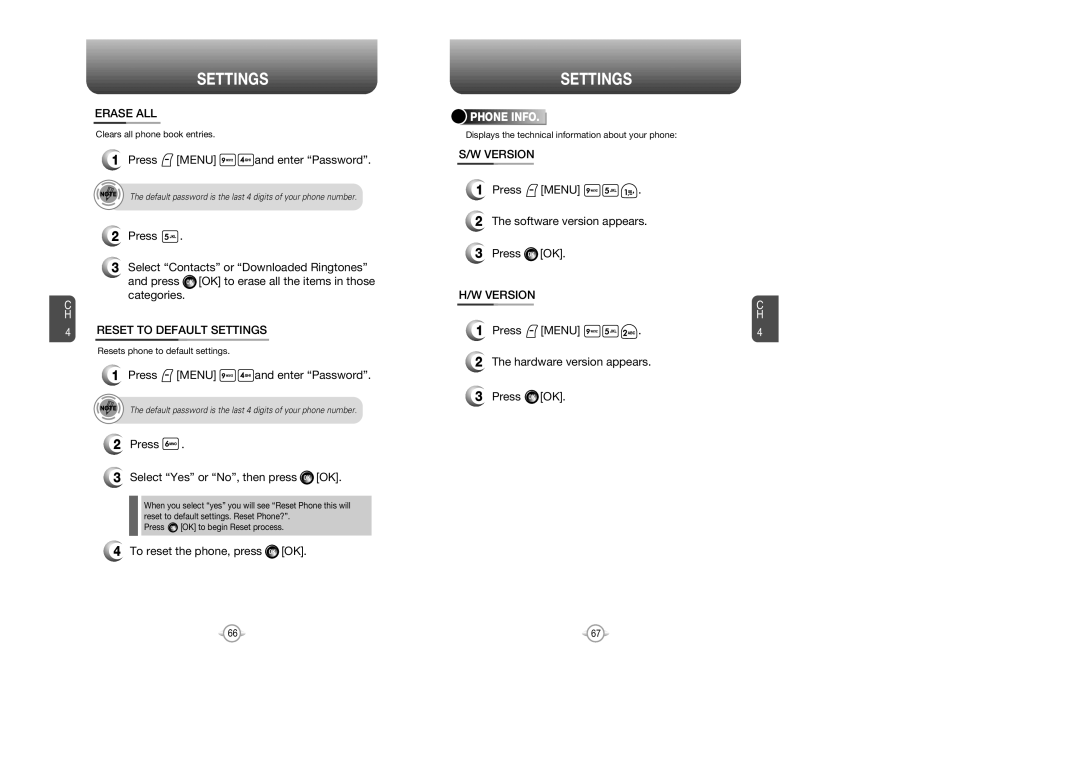 Audiovox VOX 8610 manual Erase ALL, Reset to Default Settings, Version 