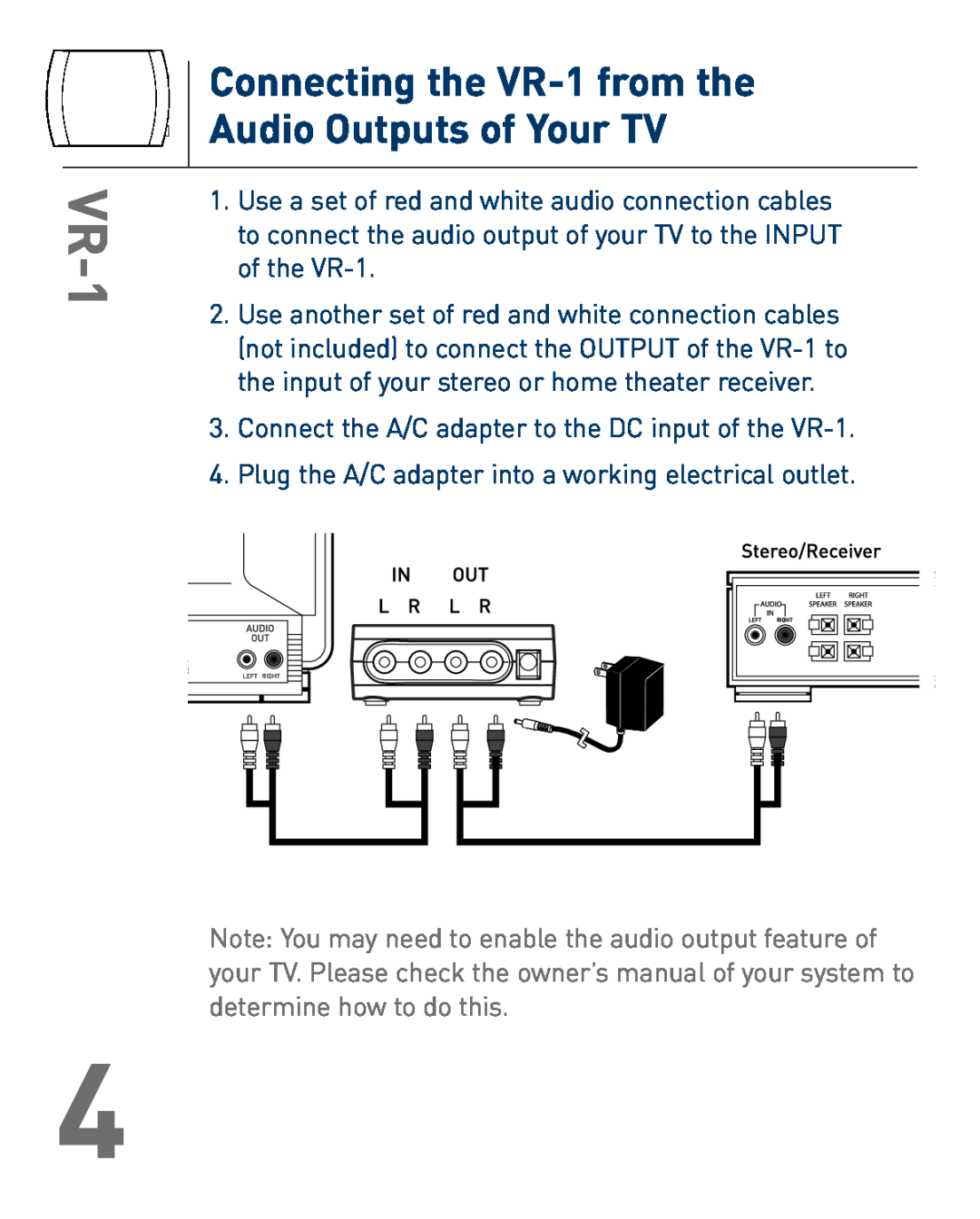 Audiovox owner manual Connecting the VR-1 from the Audio Outputs of Your TV 